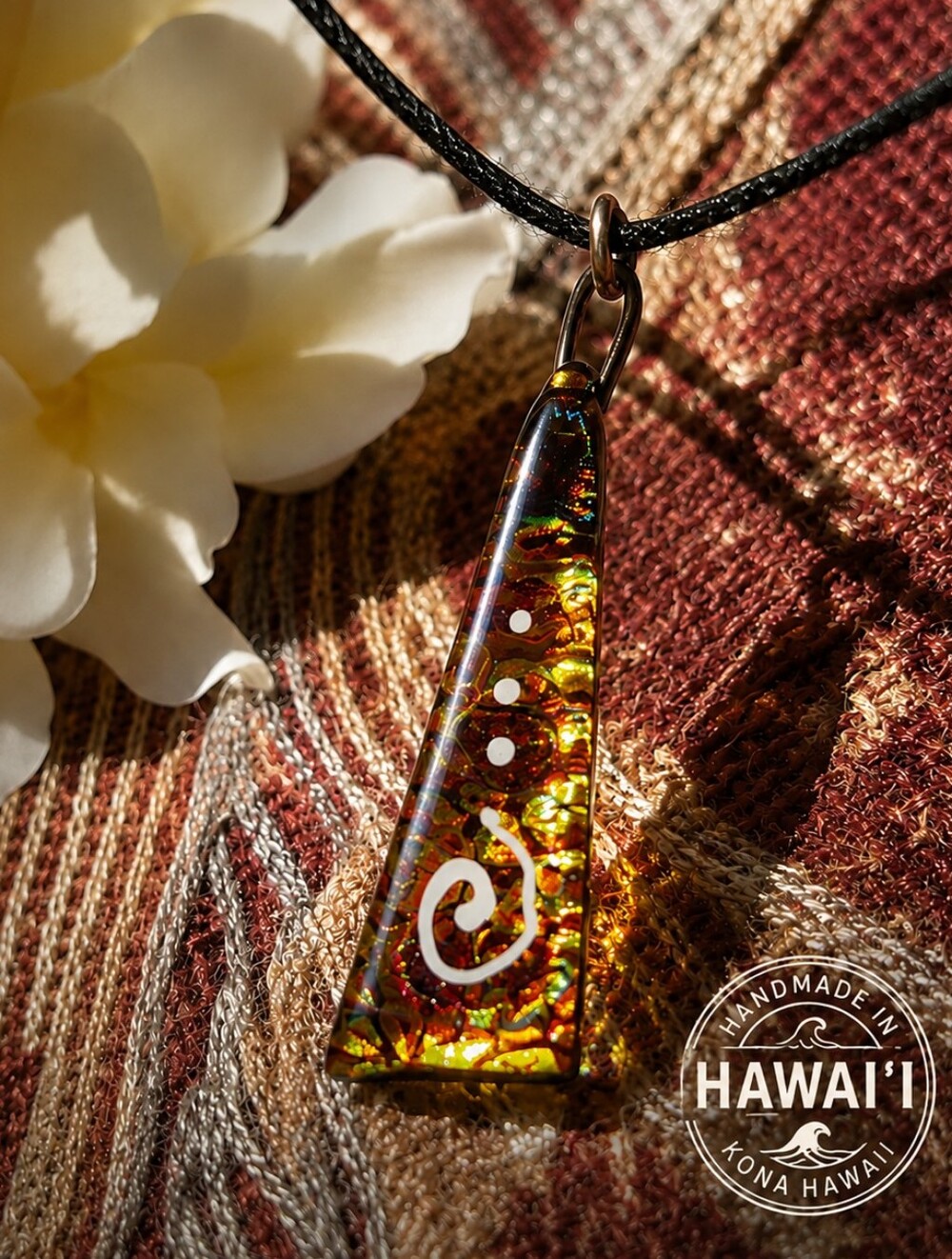 Handmade Kona Hawaii Lava Inspired Dichroic Glass Pendant Cord Necklace OOAK